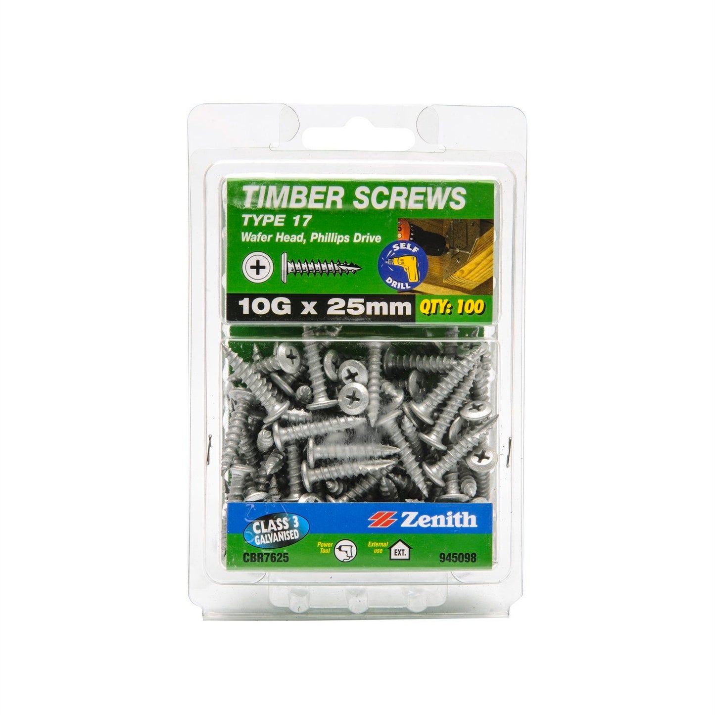 Zenith Timber Screws - 10g x 25mm - Galvanised - 100 Pack