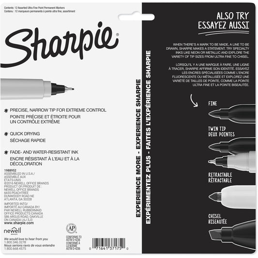 Sharpie Permanent Marker Pens Ultra Fine, Assorted Colours 12 Pack