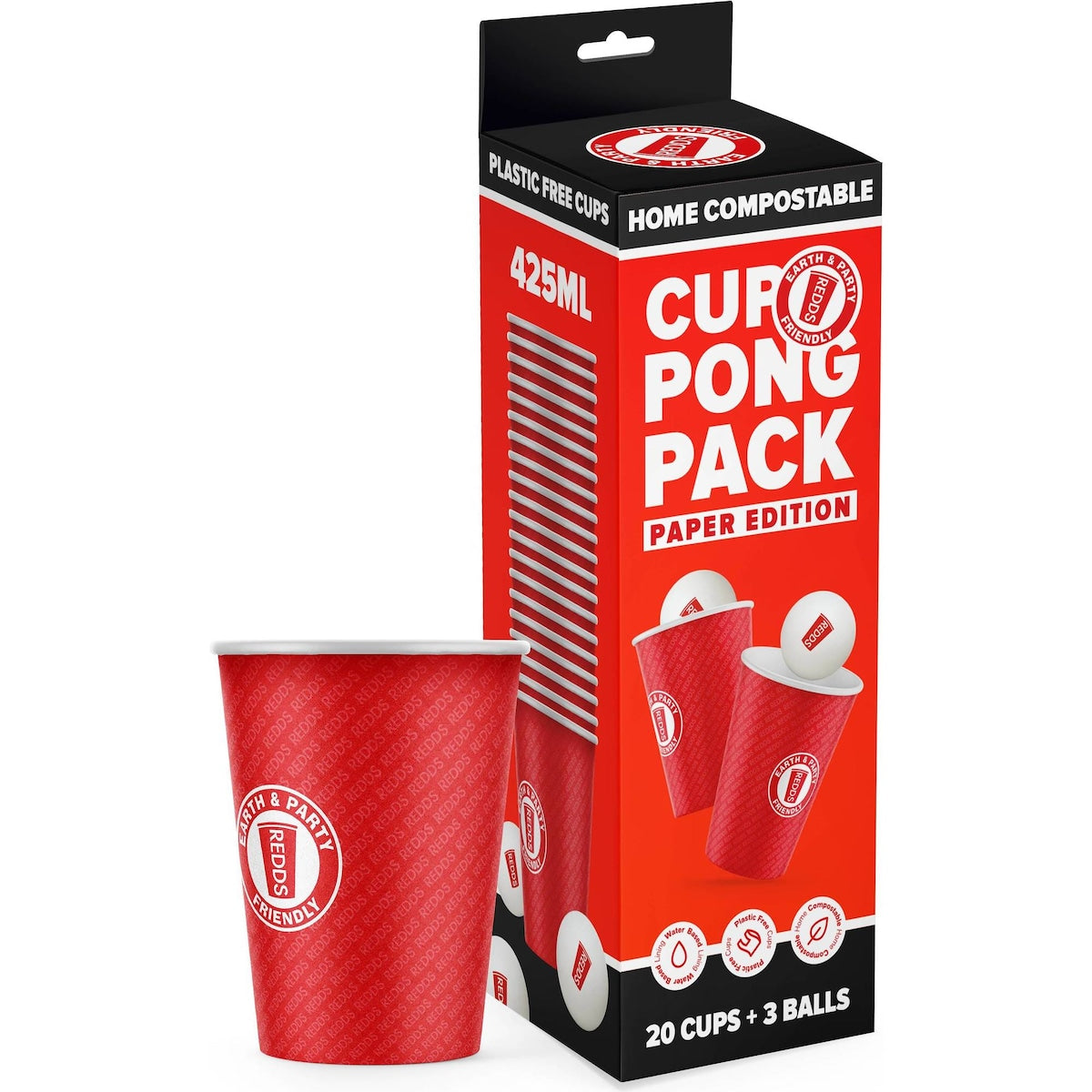 Redds Compostable 20 Paper Pong Cup & 3 Balls Pack Each