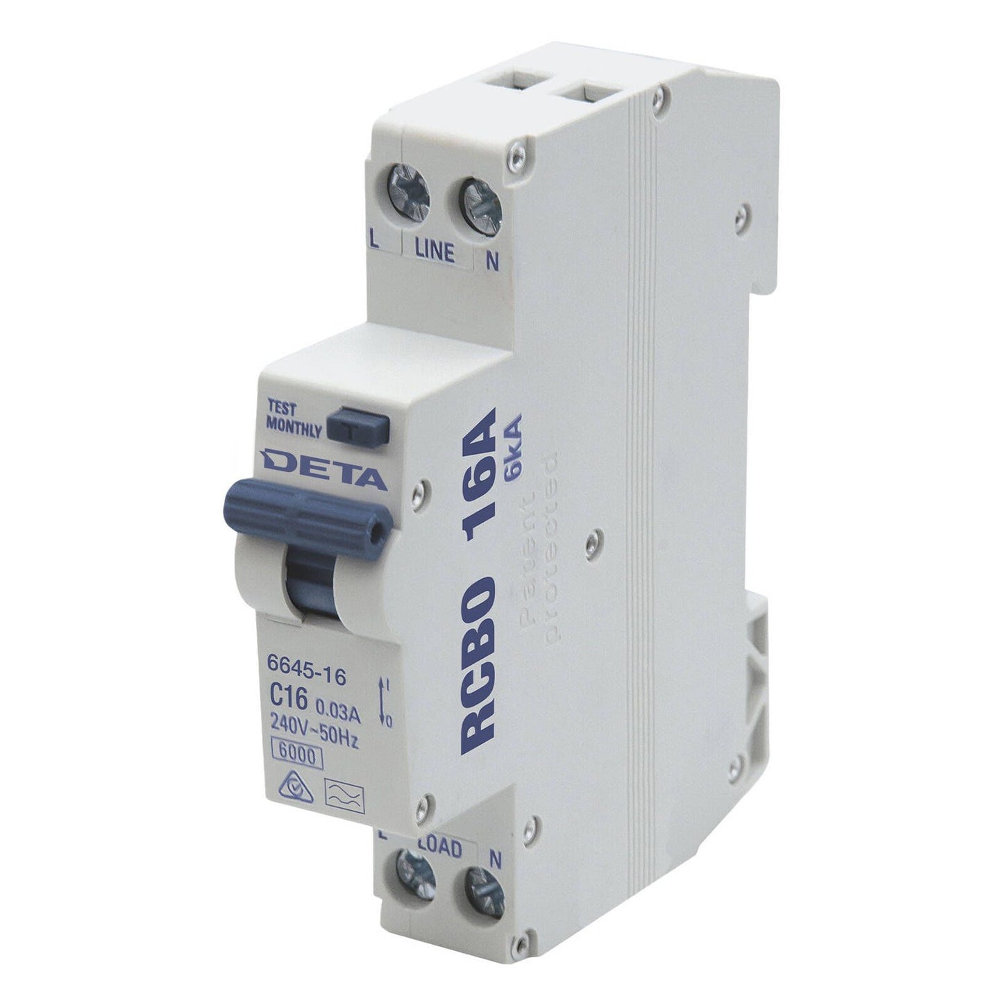 DETA Residual Circuit Breaker with Overload Protection - 16A - 1P+N - 18mm
