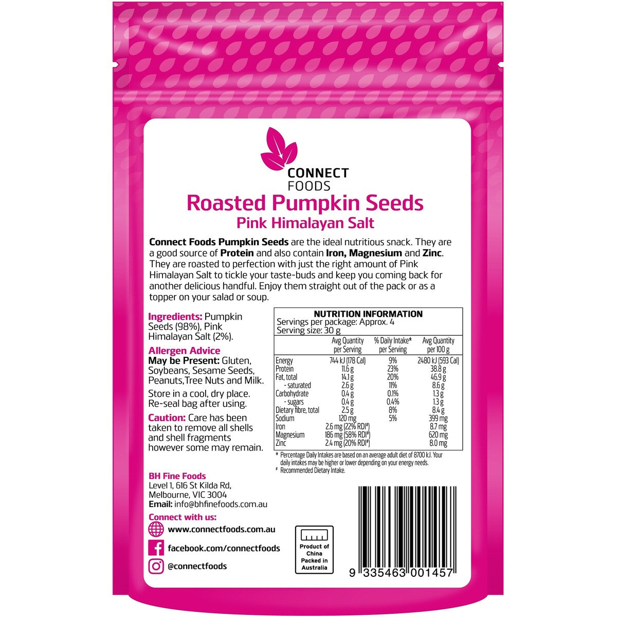 Connect Foods Pumpkin Seeds Pink Himalayan Salt 125g