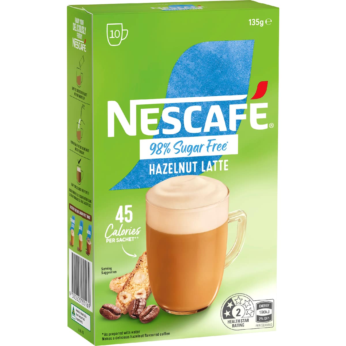 Nescafe 98% Sugar Free Hazelnut Latte Coffee Sachets 10 Pack