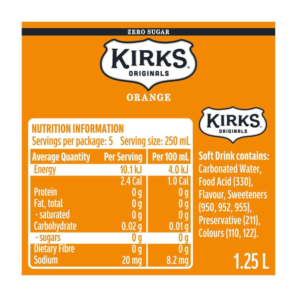 Kirks Orange Zero Sugar Soft Drink Bottle - 1.25L