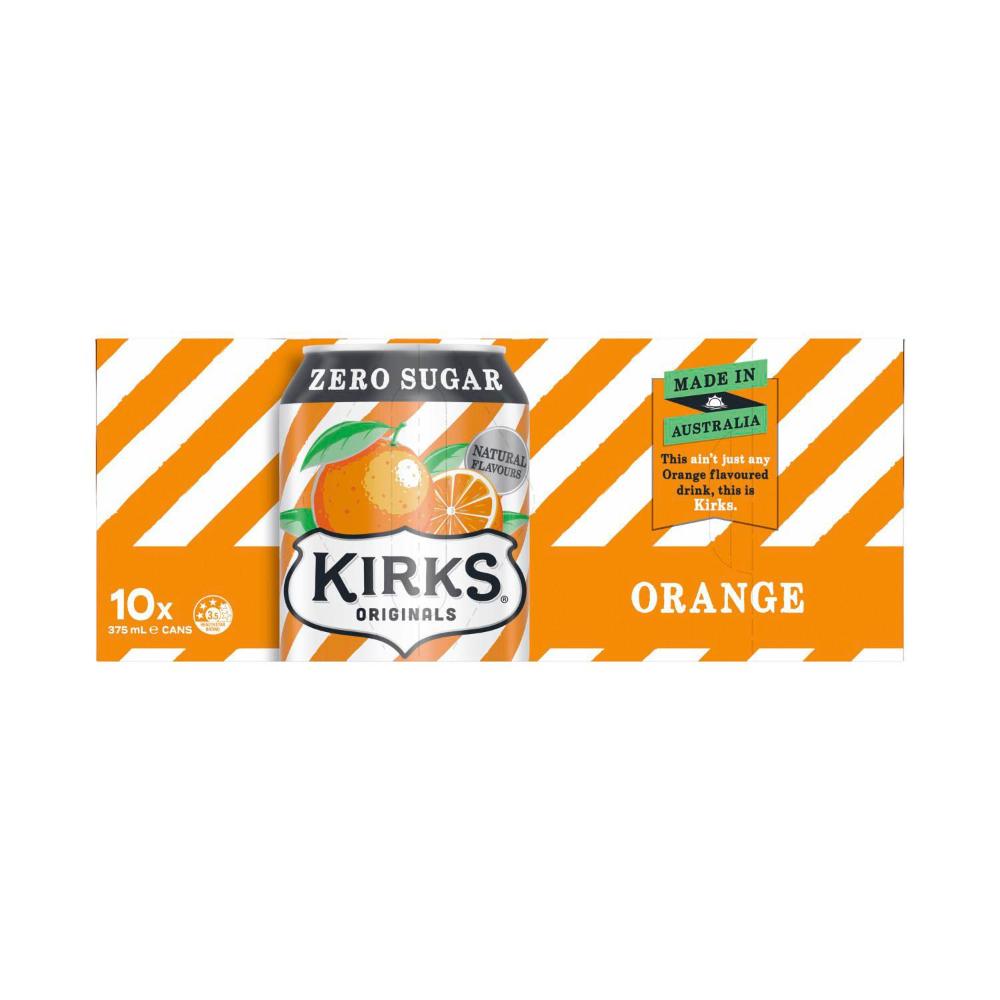 Kirks Orange Zero Sugar Soft Drink Multipack Cans 375ml - 10 Pack