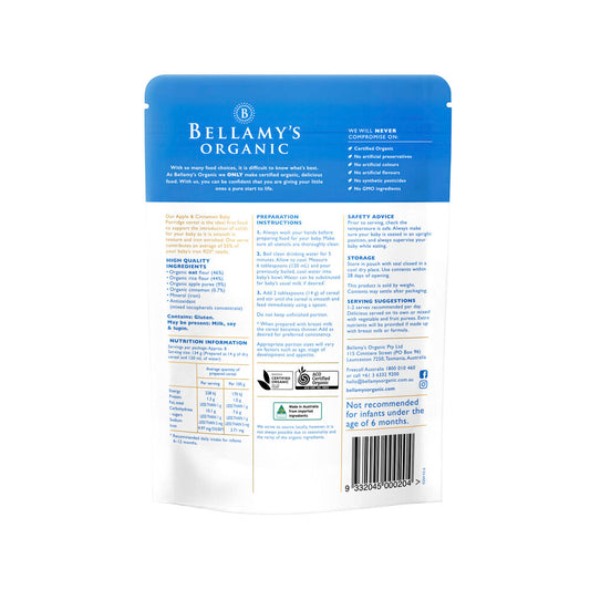 Bellamy's Organic Apple & Cinnamon Baby Porridge Cereal Pouch 6+ Months - 125g