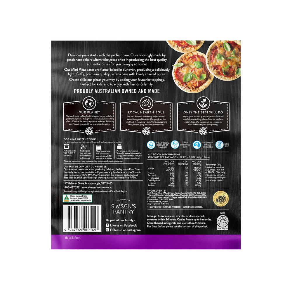 Simson's Pantry Premium Mini Pizza Bases 6 Pack - 240g