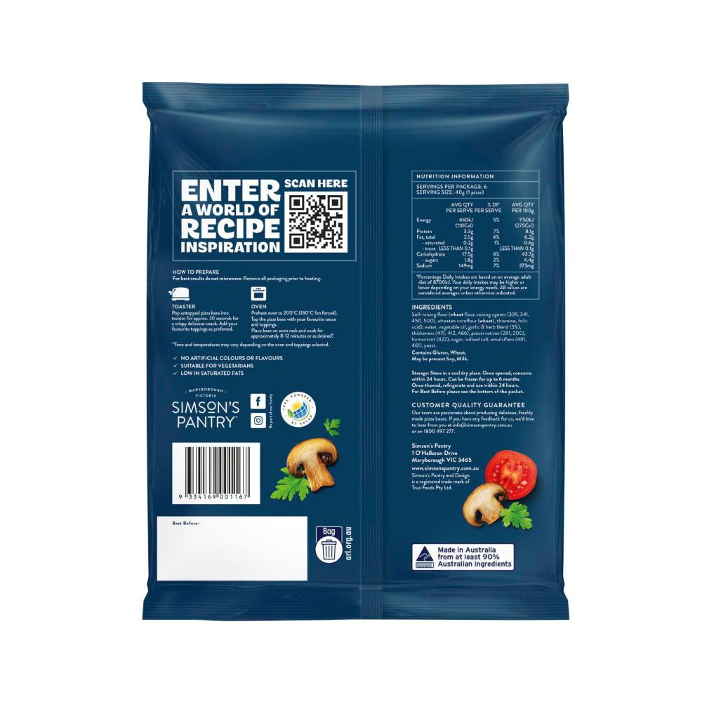 Simson's Pantry Premium Mini Pizza Bases Garlic And Herb 6 Pack - 240g