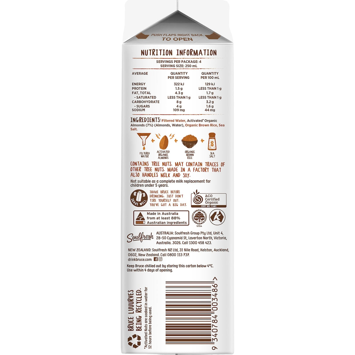 Nutty Bruce Organic Unsweetened Almond Plant Milk 1l