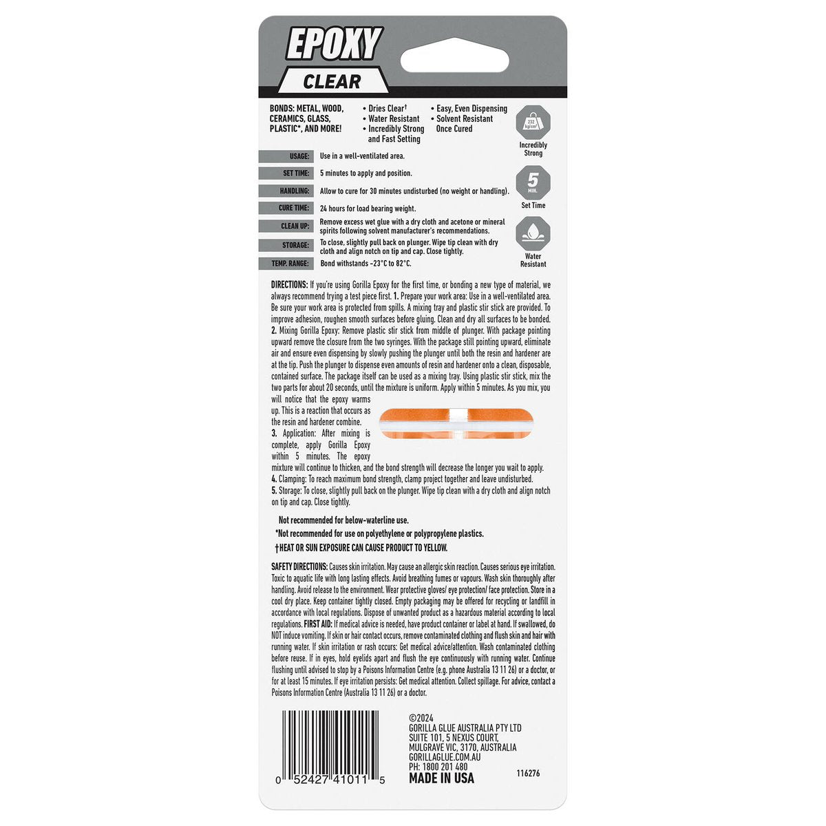 Gorilla Clear Epoxy Glue 25ml High Bond Strength Water Resistant