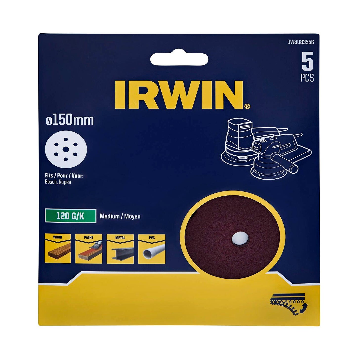 Irwin Quick Fit Random Orbital Sanding Discs - 150mm - 120 Grit - 5 Pack