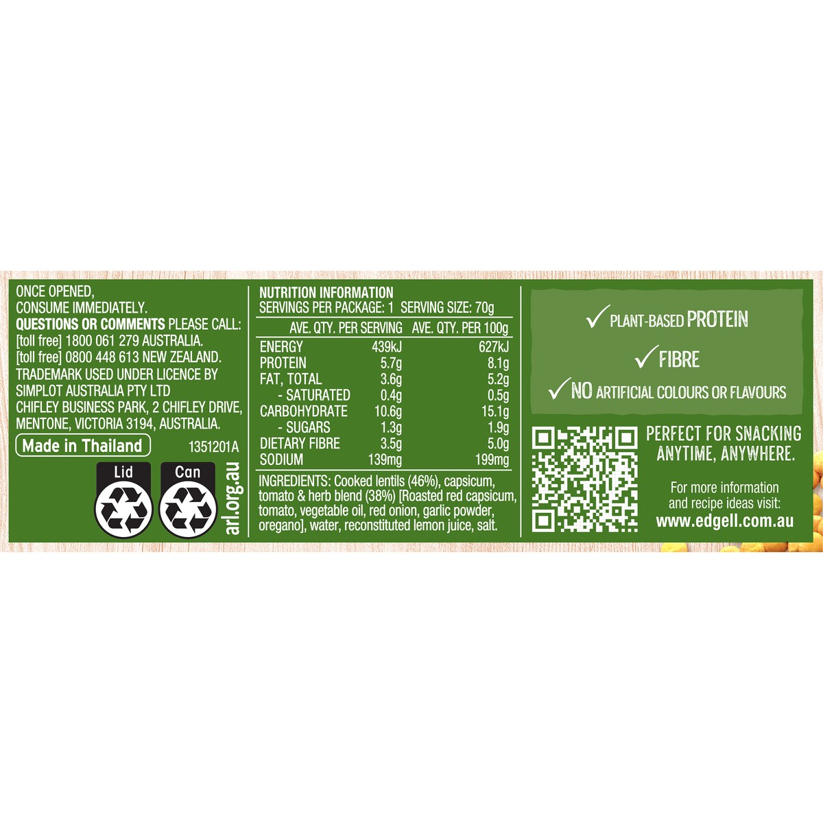 Edgell Snack Time Lentils With Capsicum Tomato & Herbs 70g