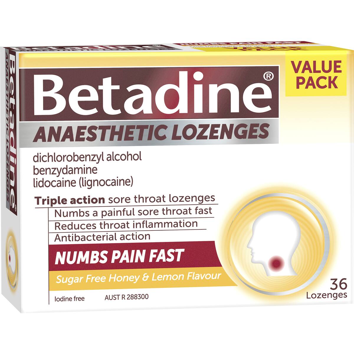 Betadine Sore Throat Lozenges Anaesthetic Honey & Lemon 36 Pack