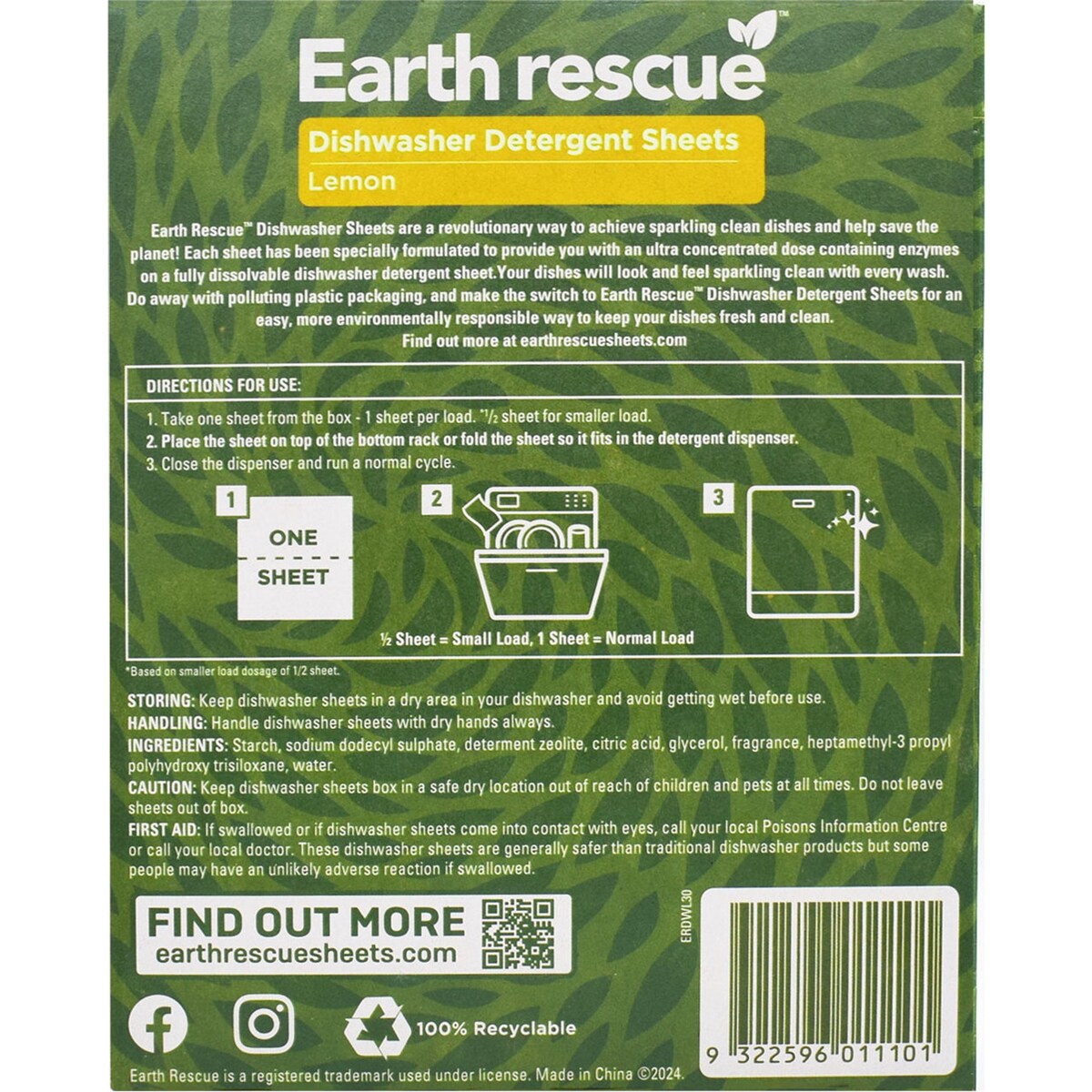 Earth Rescue Dishwasher Detergent Sheets Lemon Large 60 Pack