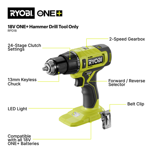 Ryobi Hammer Drill - RPD18 - 18V ONE+ - Tool Only