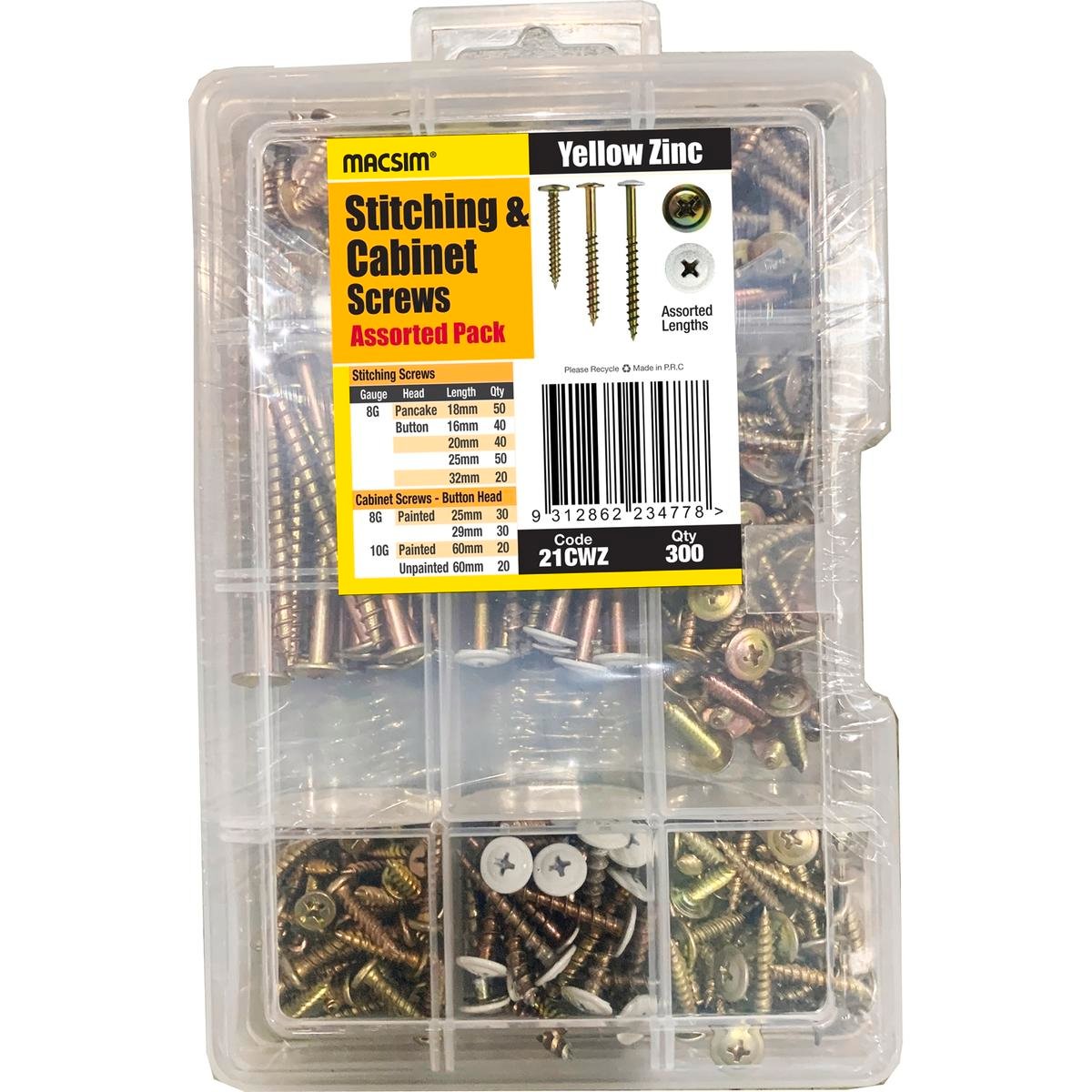 Macsim 300 Piece Assorted Yellow Zinc Stitching Cabinet Screws - 8G x 18mm to 32mm