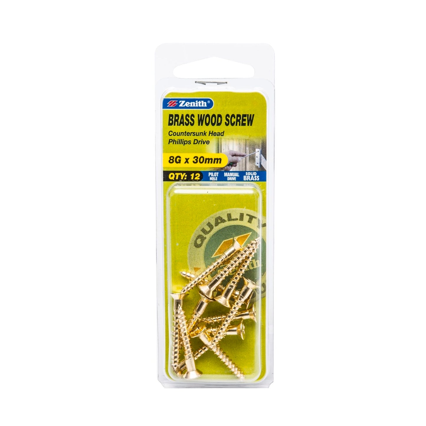 Zenith Wood Screws - 8g x 30mm - Brass - 12 Pack