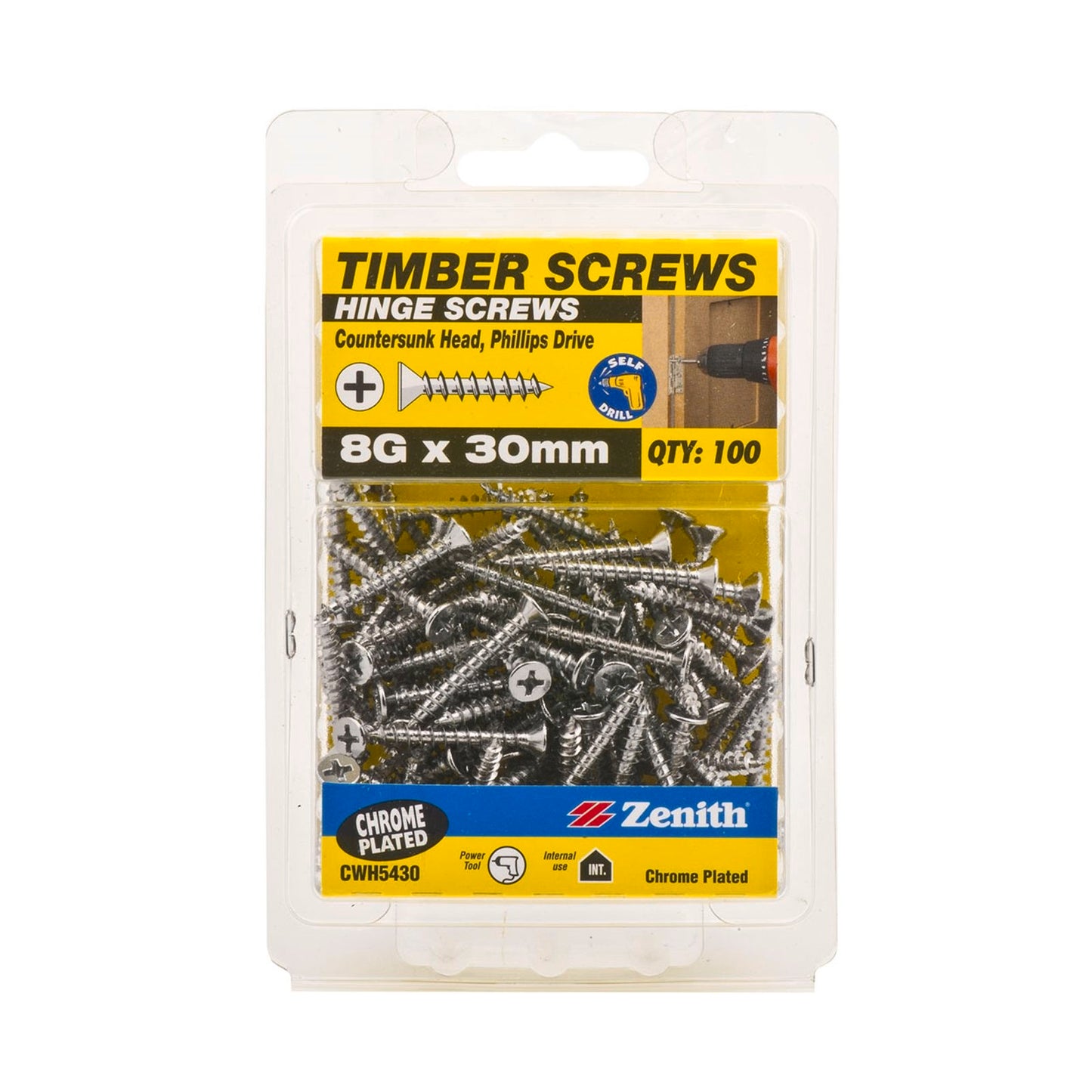 Zenith Timber Screws - 8G x 30mm - Chrome - 100 Pack