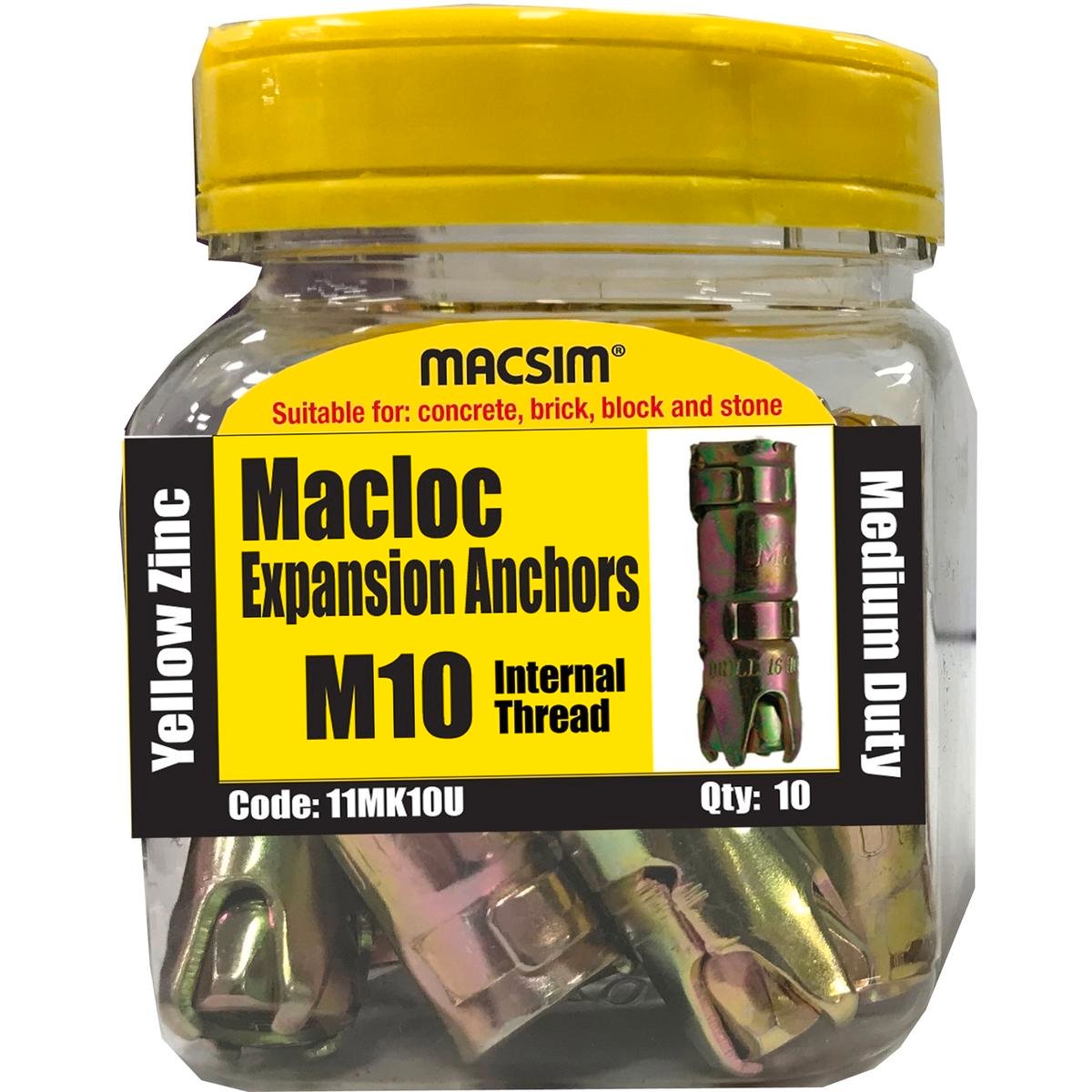 Macsim M10 Medium Duty Macloc Anchor - Yellow Zinc - 10 Jar - 65mm x 80mm