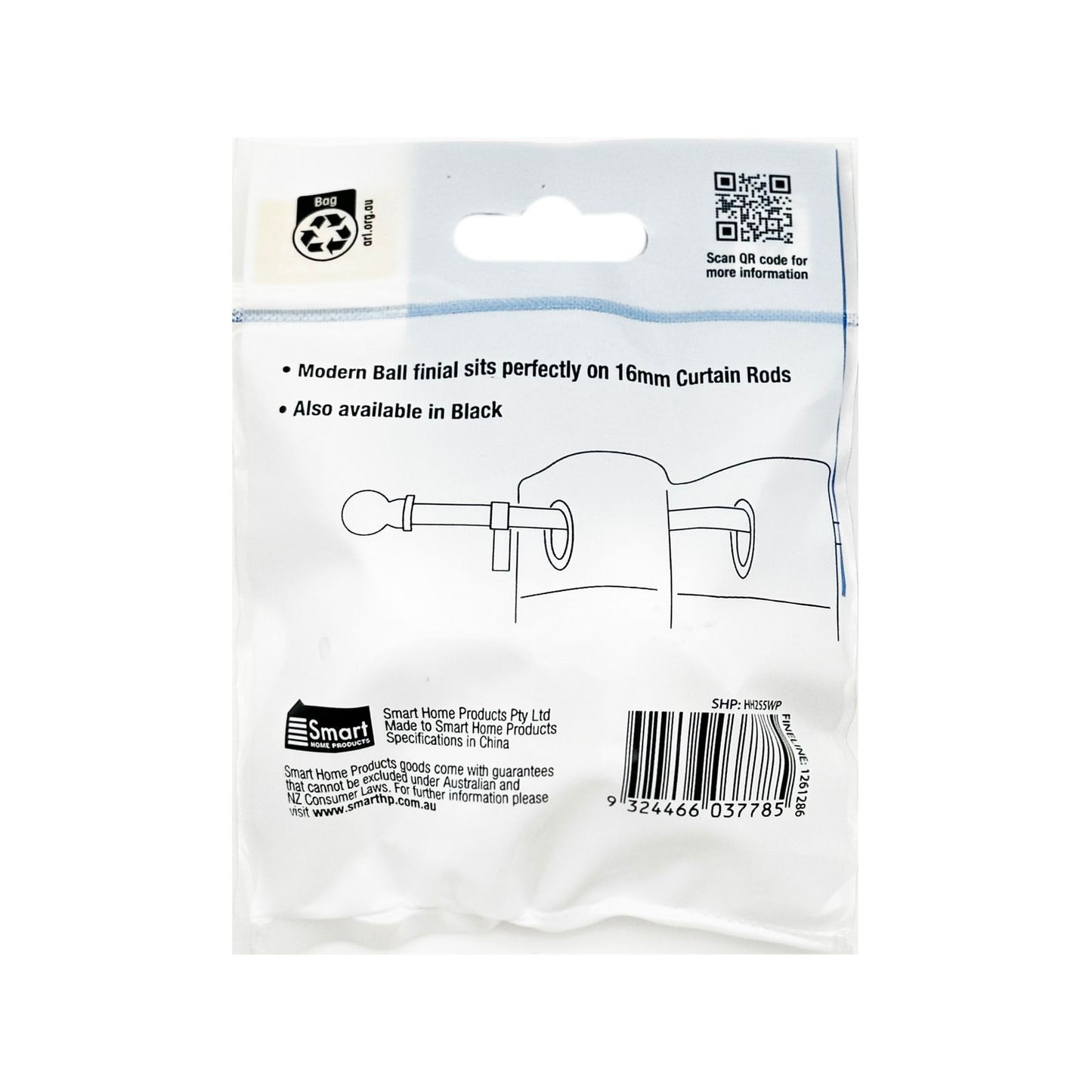 Windoware Curtain Rod Ball Finial - 16mm - White - 2 Pack
