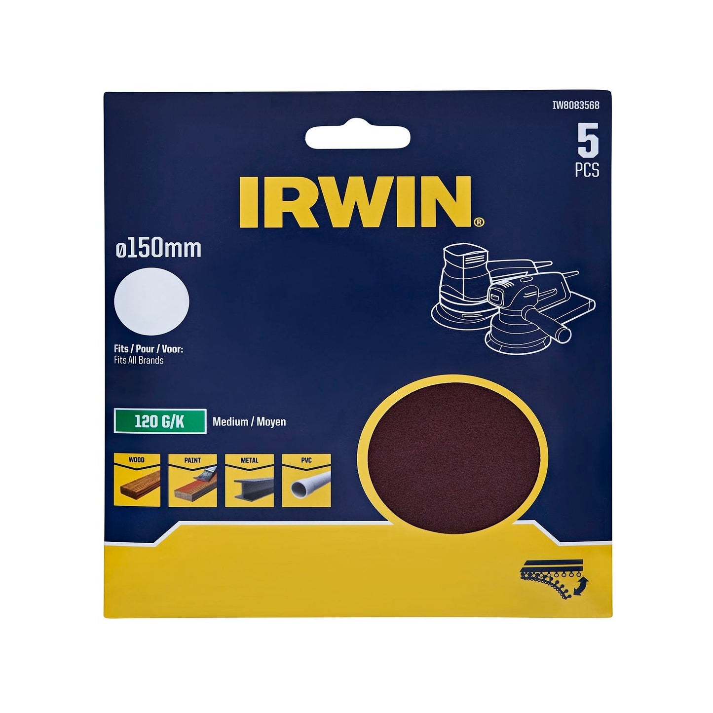 Irwin Quick Fit Random Orbital Sanding Discs - 150mm - 120 Grit - 5 Pack