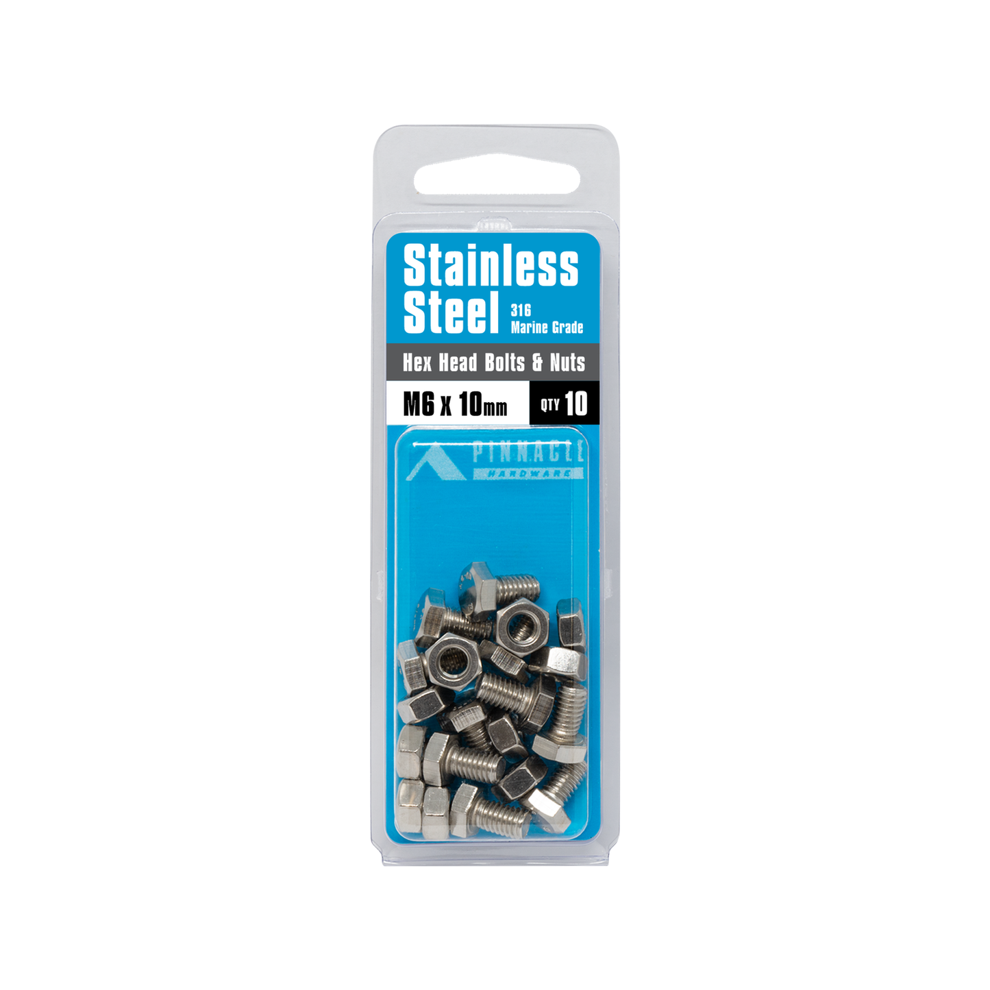 Pinnacle Hex Head Bolts and Nuts - M6 x 10mm - Stainless Steel - 10 Pack