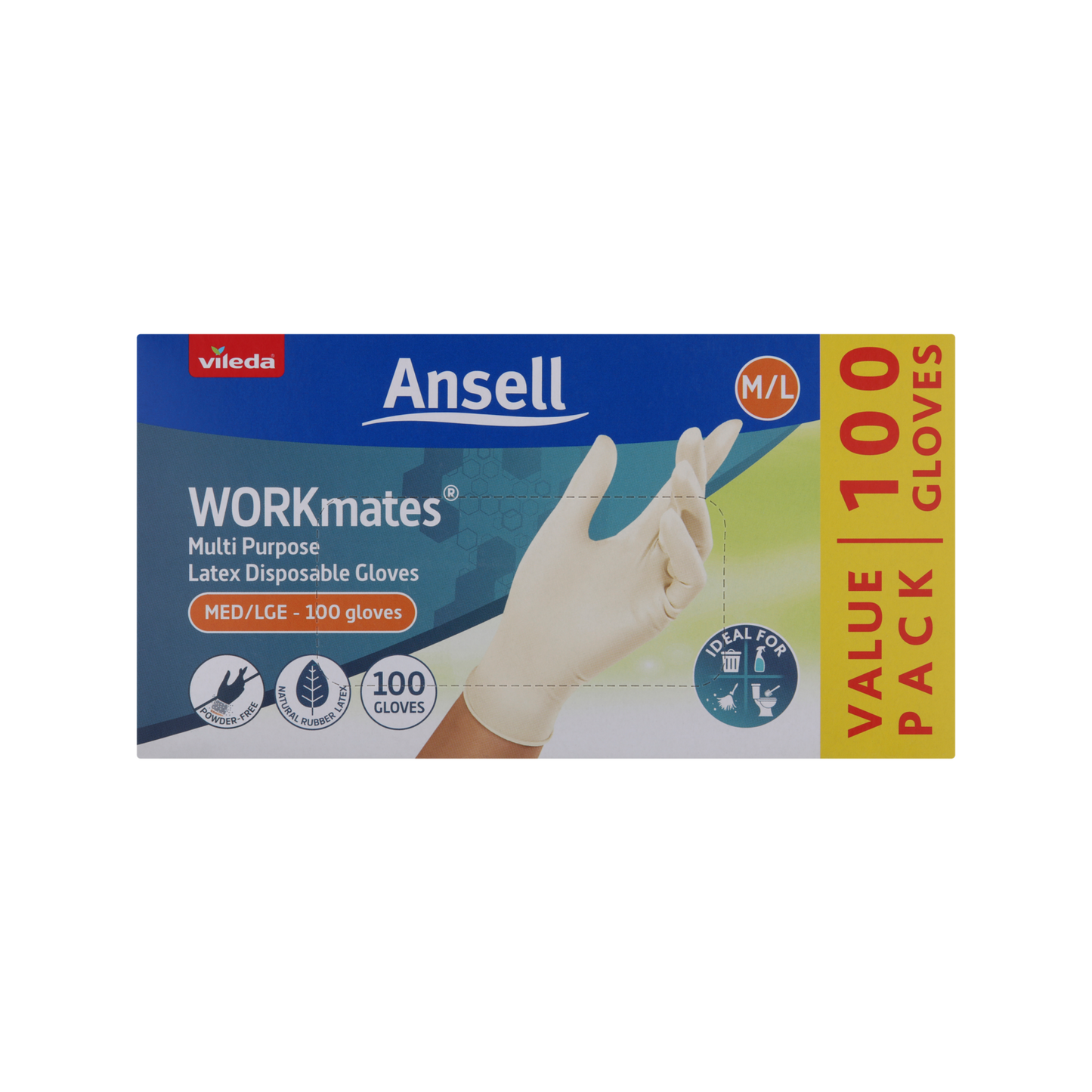 Vileda Ansell Workmates Multi Purpose Latex Medium Large Disposable Gloves - 100 Pack
