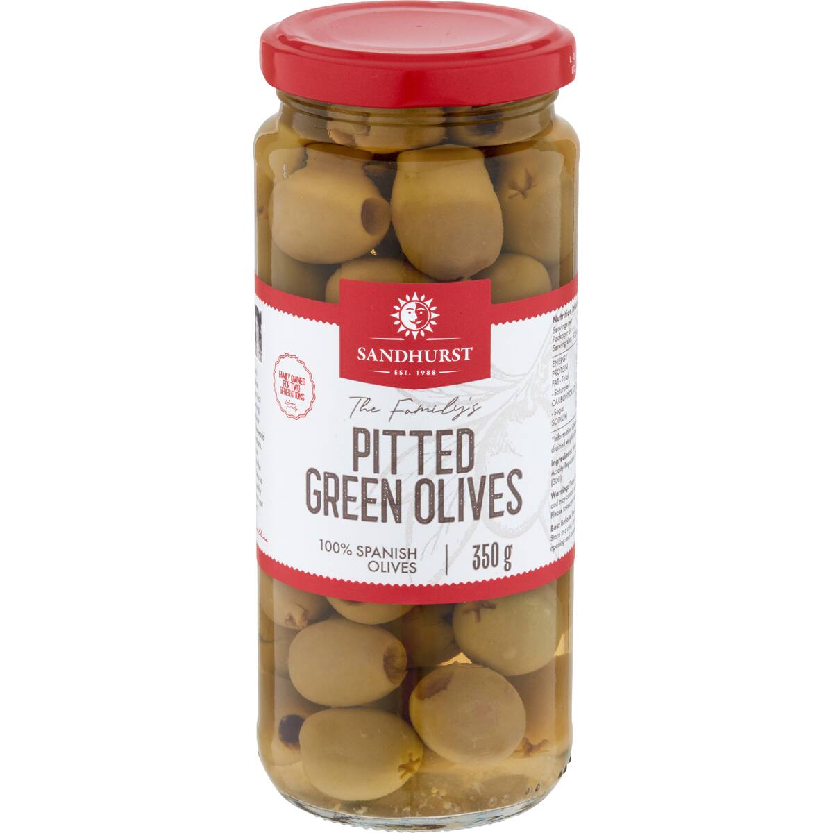 Sandhurst Olives Green Pitted 350g