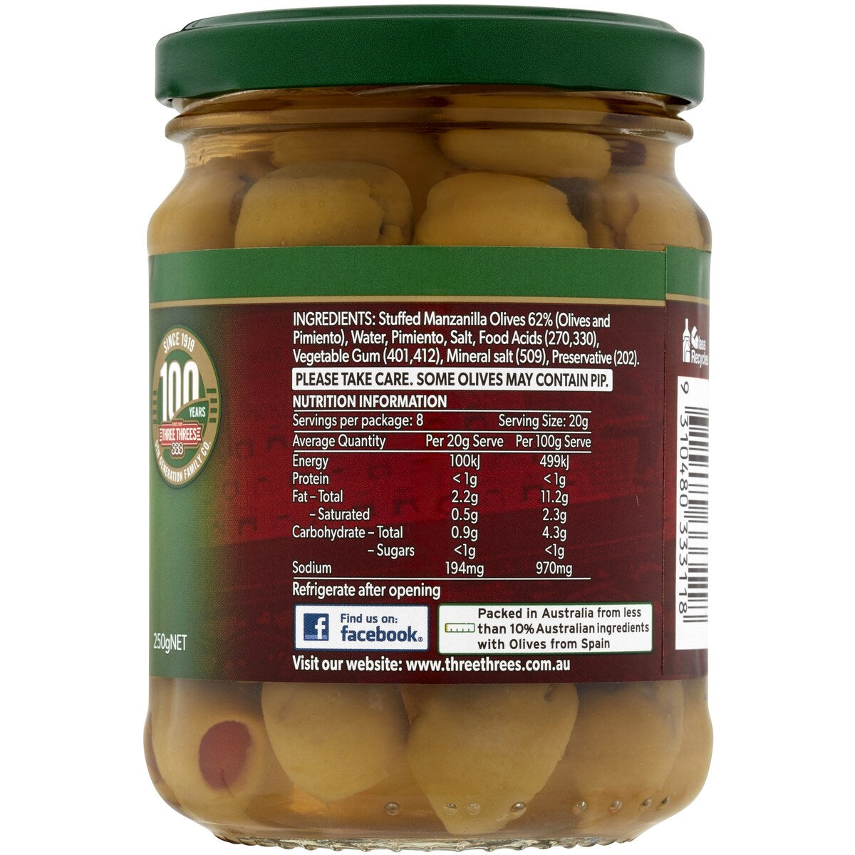 Three Threes Olives Stuffed 250g
