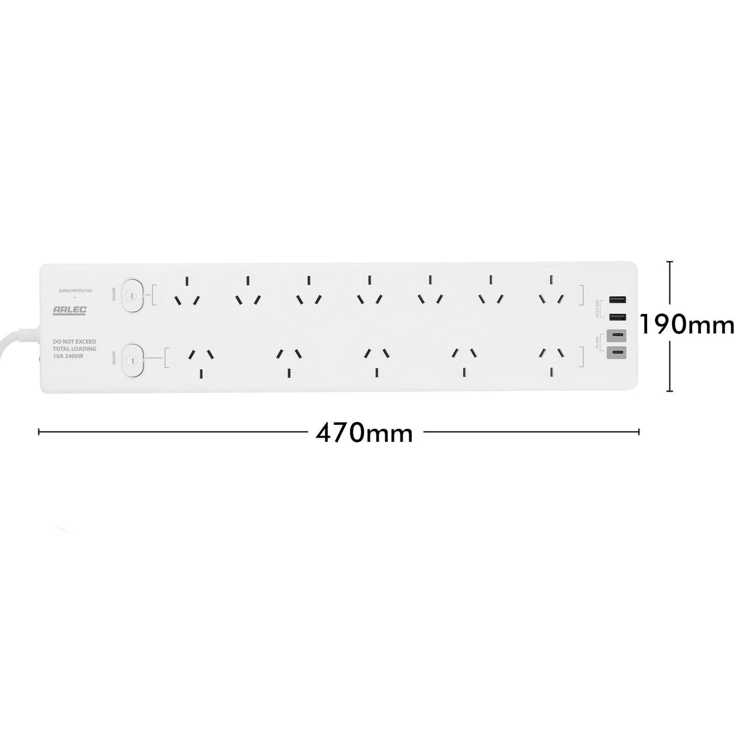 Arlec Surge Protected Powerboard - 12 Outlet - 190 x 30mm - White