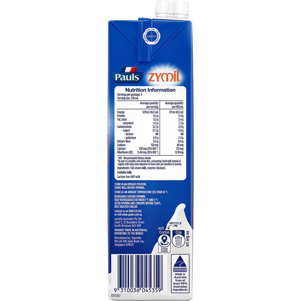 Pauls Zymil Lactose Free Full Cream Long Life Milk 1l