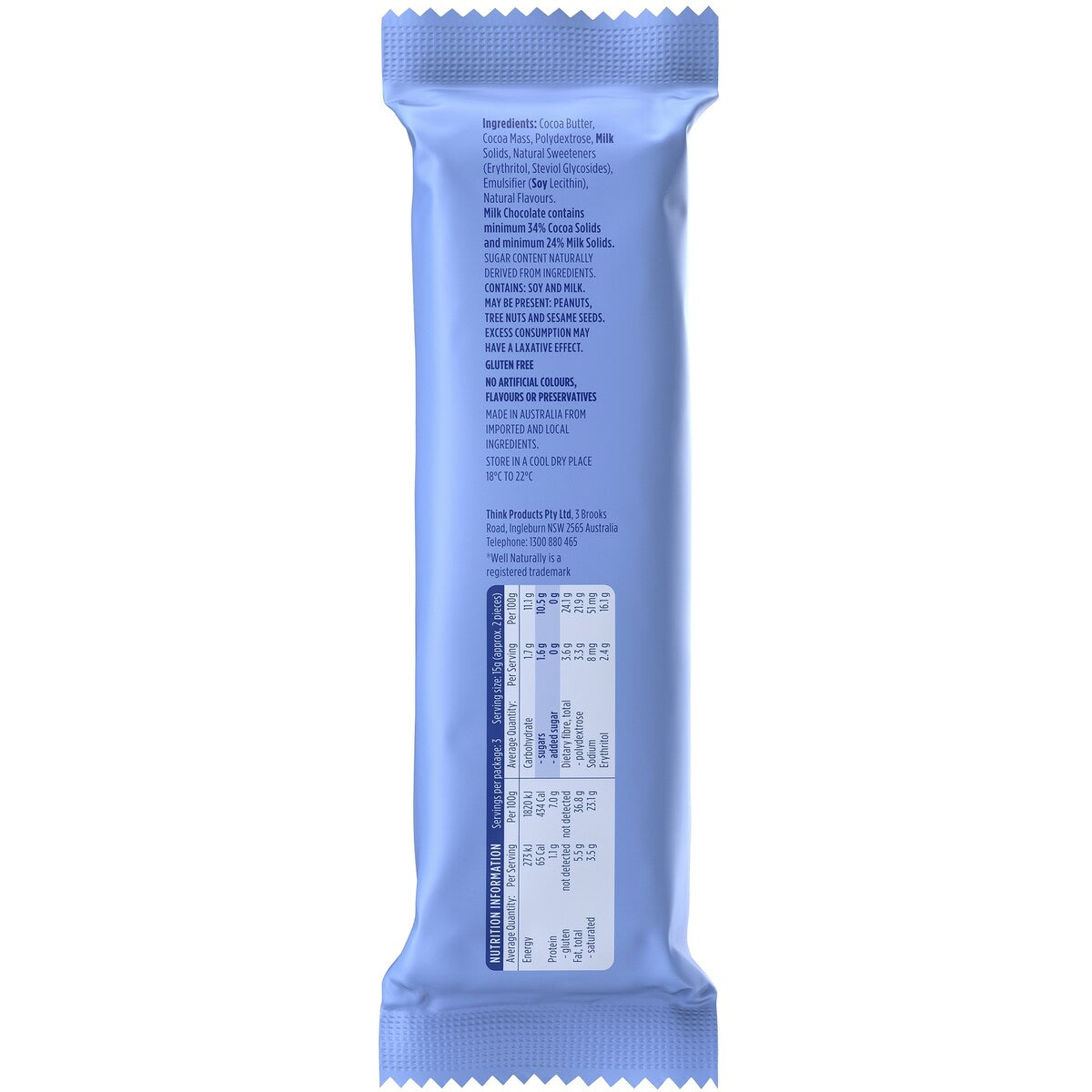 Well Naturally No Sugar Added Milk Choc Bar 45g