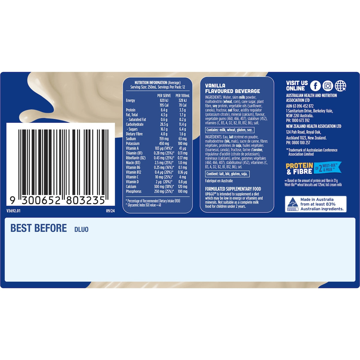 Sanitarium Up&Go Liquid Breakfast Vanilla Ice 12 Pack