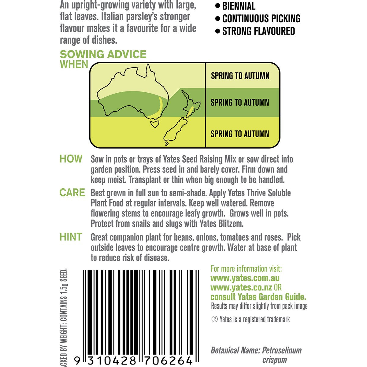 Yates Italian Plain Leaf Parsley Seeds 1.5 G