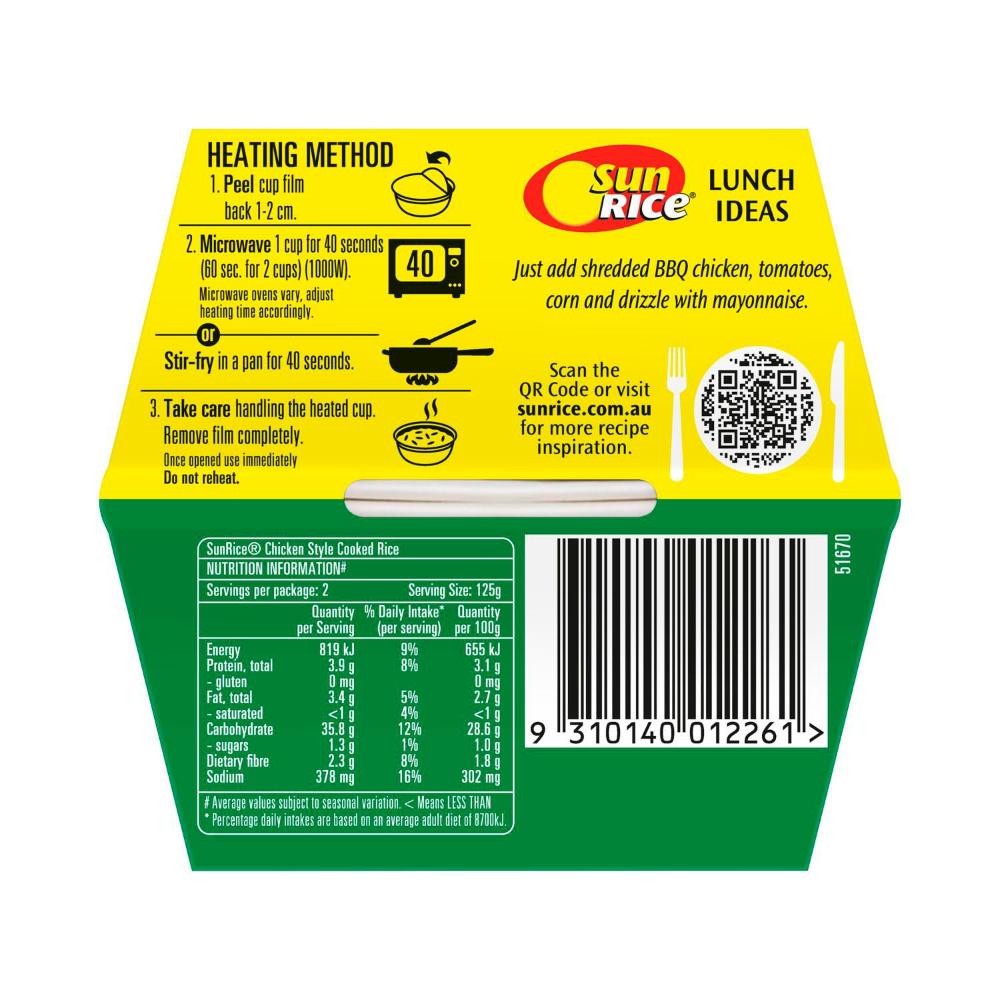 Sunrice Microwave Chicken Style Flavoured Rice Cups 2 X 125g