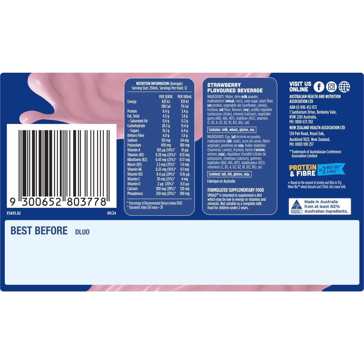 Sanitarium Up&Go Liquid Breakfast Strawberry 12 Pack