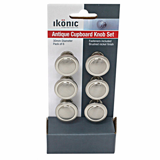 Ikonic Brushed Nickel Cupboard Knob Set - 6 Piece - Metal - Easy Install