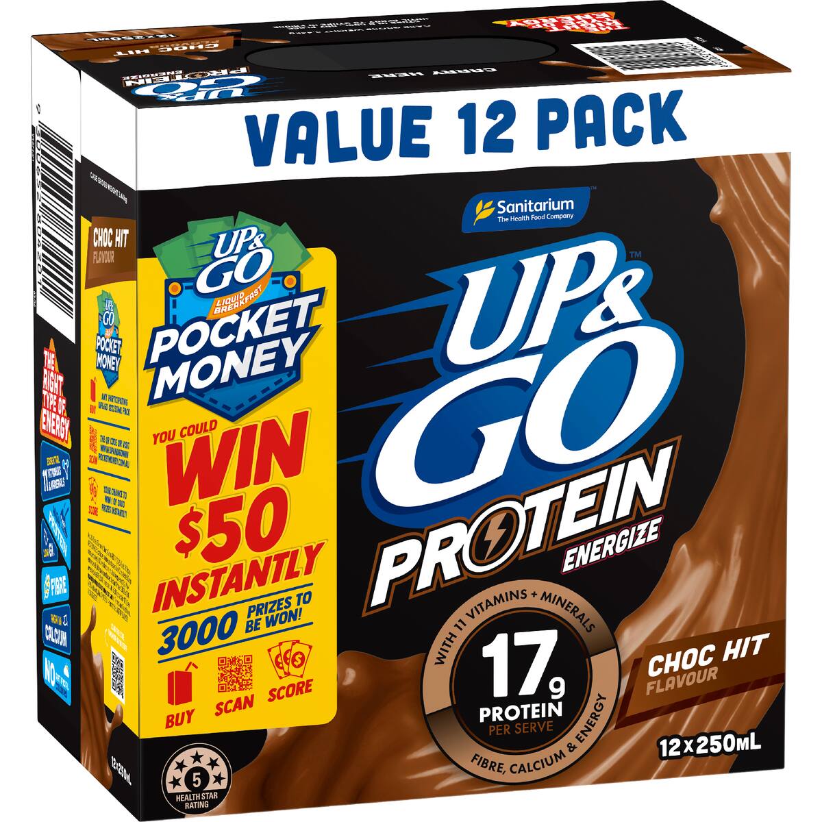 Up&go Protein Energize Liquid Breakfast Choc 250ml X 12 Pack