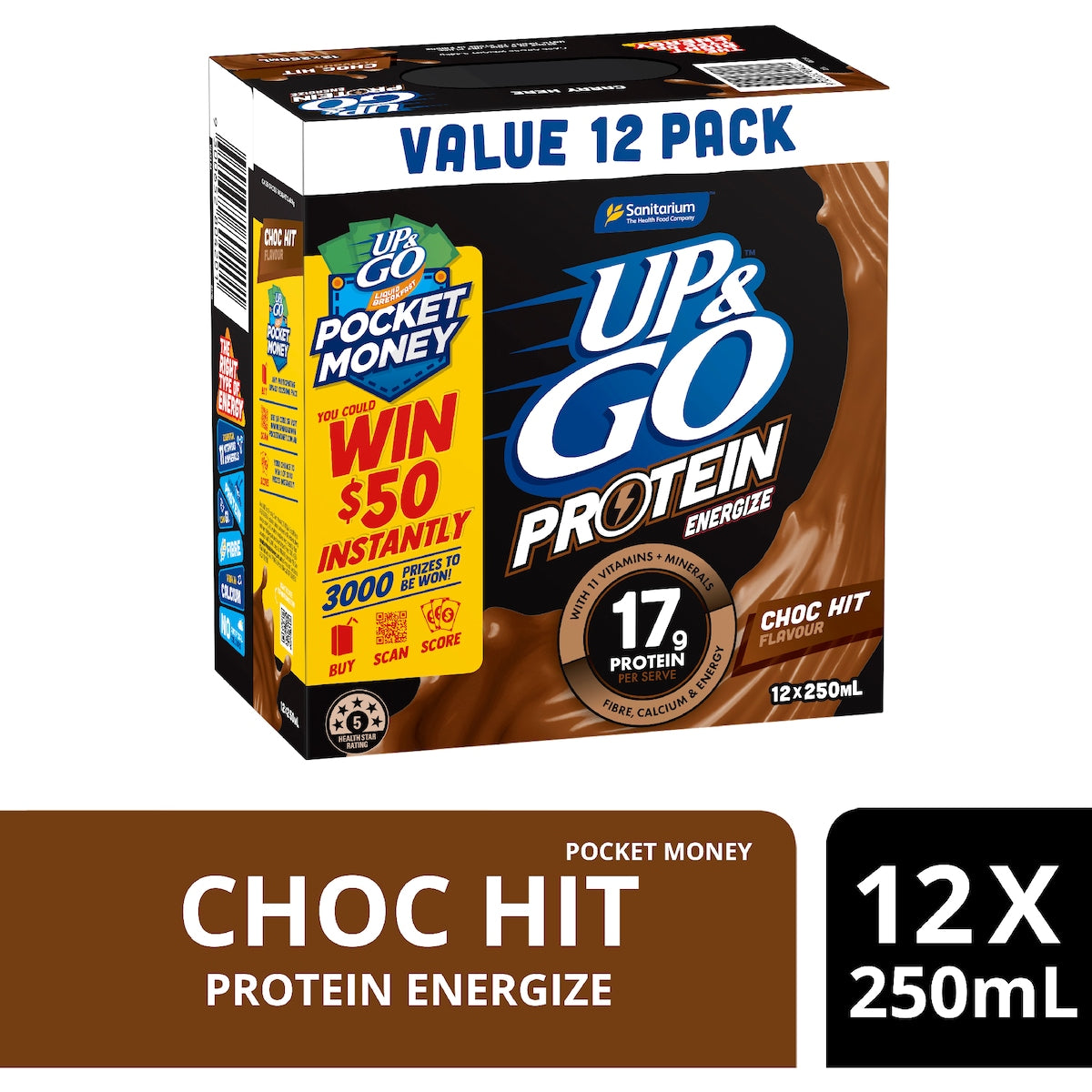 Up&go Protein Energize Liquid Breakfast Choc 250ml X 12 Pack