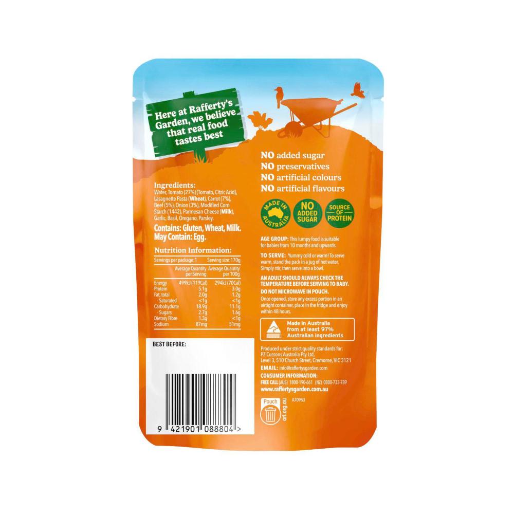 Rafferty's Garden Beef & Hearty Vegetable Lasagne Mini Meal Baby Food Pouch 10+ Months - 170g