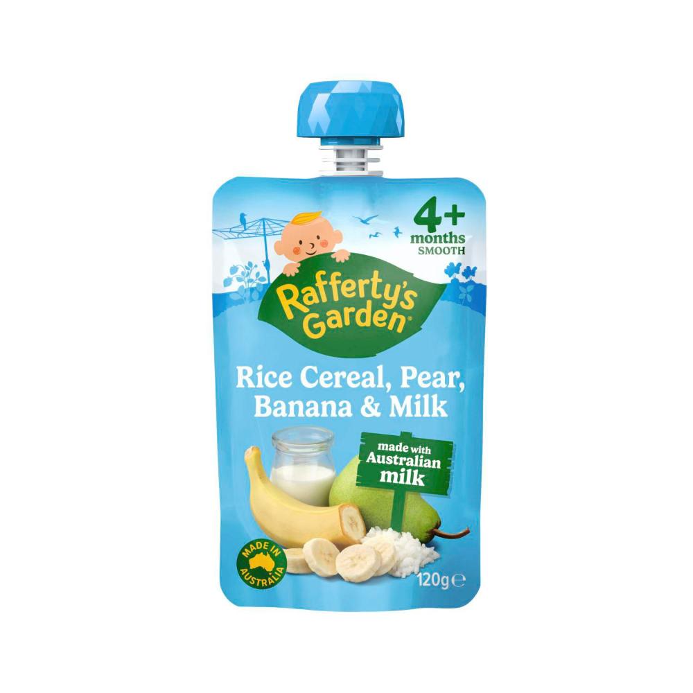 Rafferty's Garden Rice Cereal Pear Banana & Milk No Added Sugar Baby Food Pouch 4+ Months - 120g