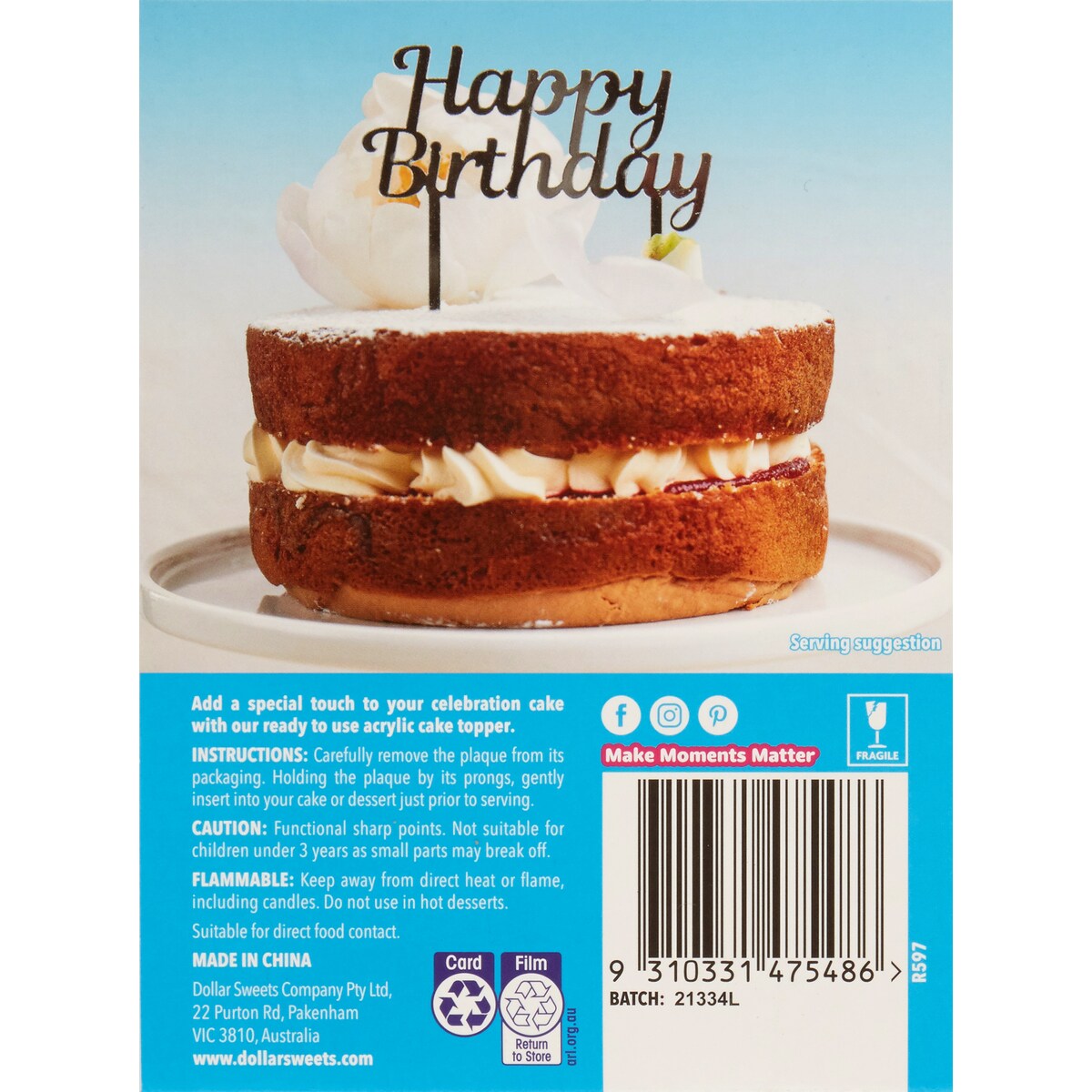 Dollar Sweets Happy Birthday Silver Cake Topper Each
