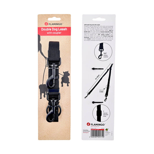 Flamingo Double Dog Leash - 70-120cm - Black