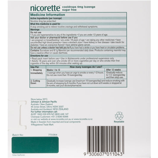 Nicorette Quit Smoking Extra Strength Cooldrops Lozenge Icy Mint 80 Pack