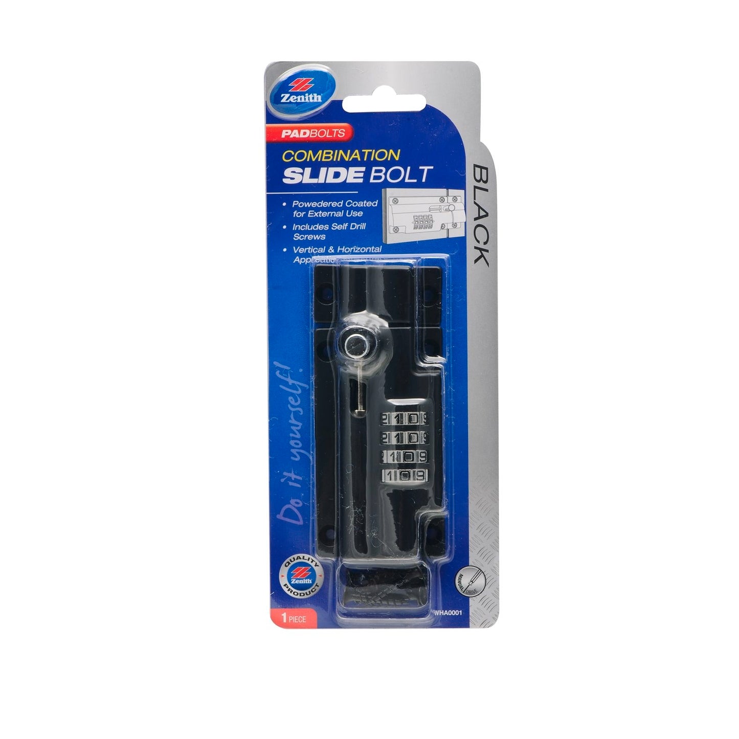 Zenith Black Combination Slide Bolt Lock - 50mm