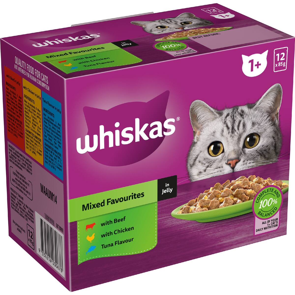 Whiskas Adult 1 + Years Wet Cat Food Mixed Favourites In Jelly 85g X 12 Pack