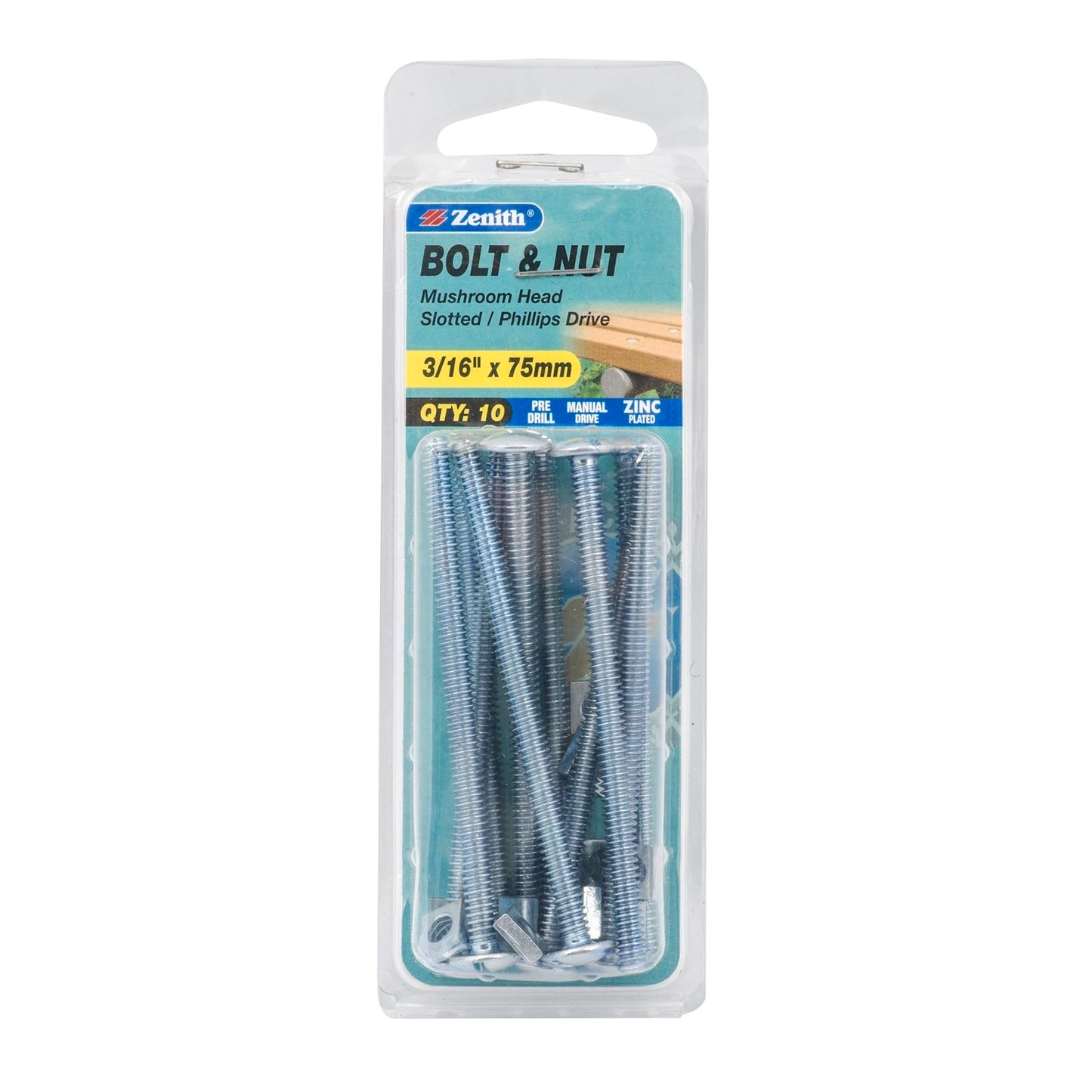 Zenith Mushroom Head Bolt & Nut - 3/16 x 75mm - 10 Pack