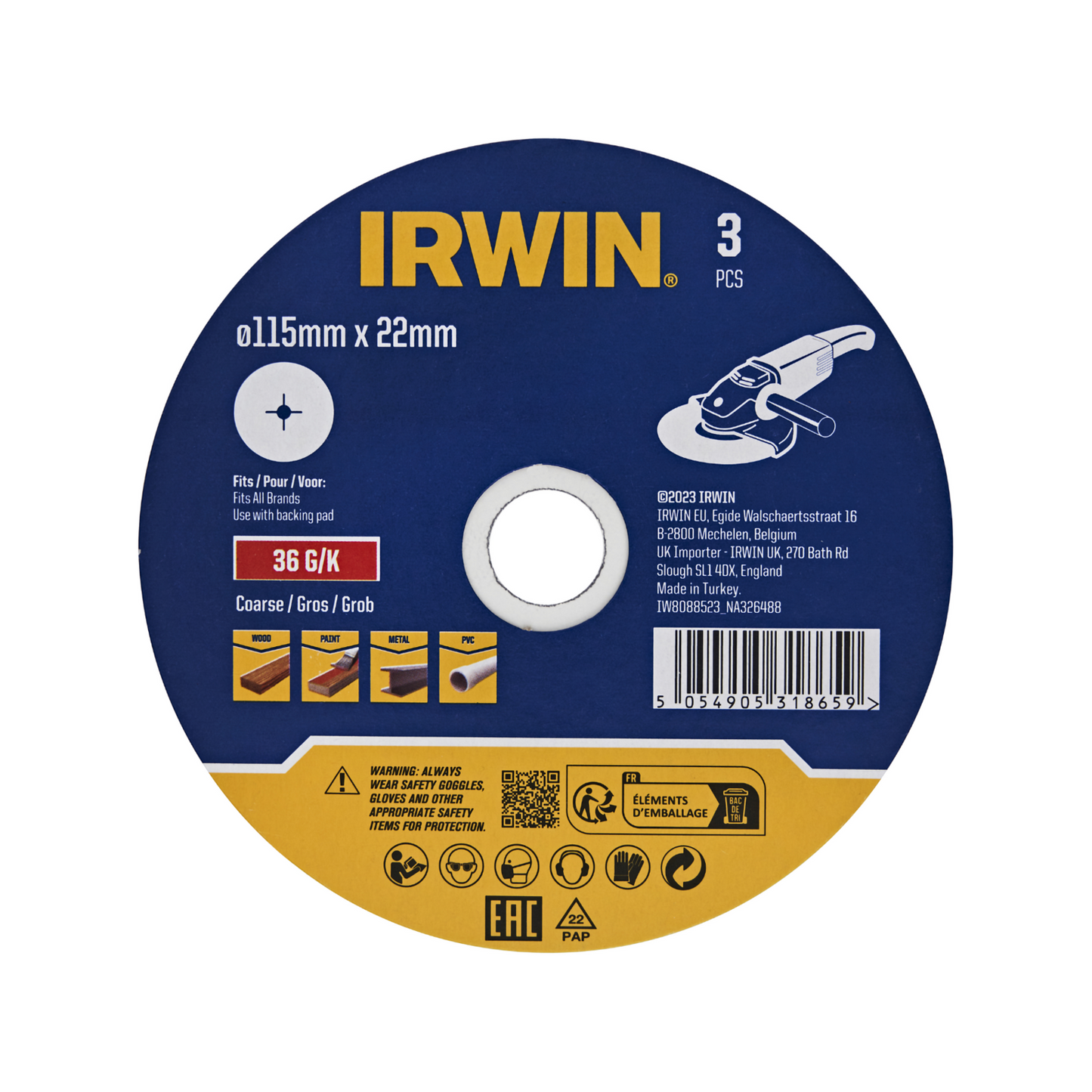 Irwin Fibre Disc - 115 x 22mm - 36 Grit - 3 Pack