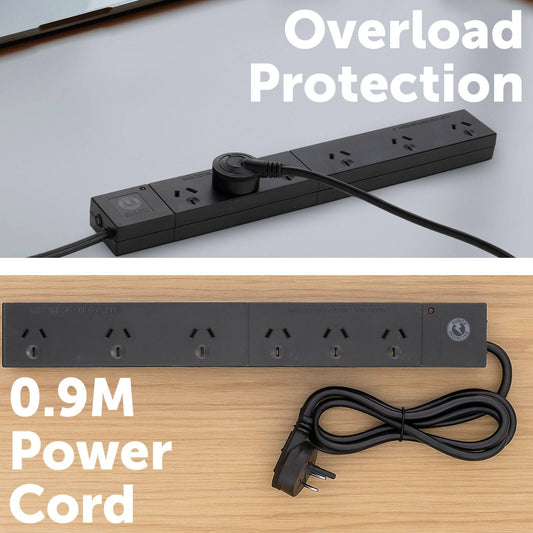Arlec Surge Protected Powerboard - 6 Outlet - 380mm - Black
