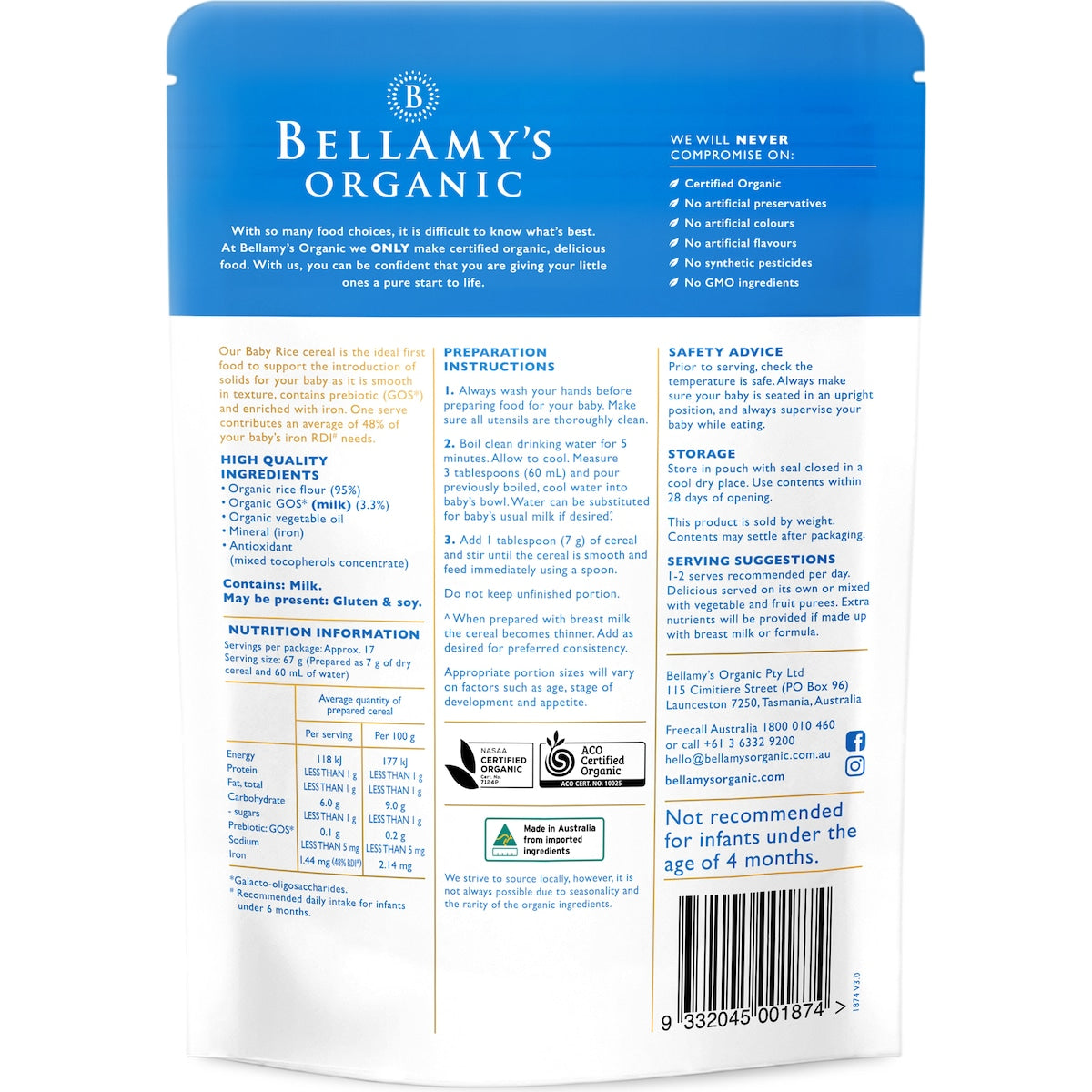 Bellamys Organic Baby Rice With Prebiotic 4+ Months 125g