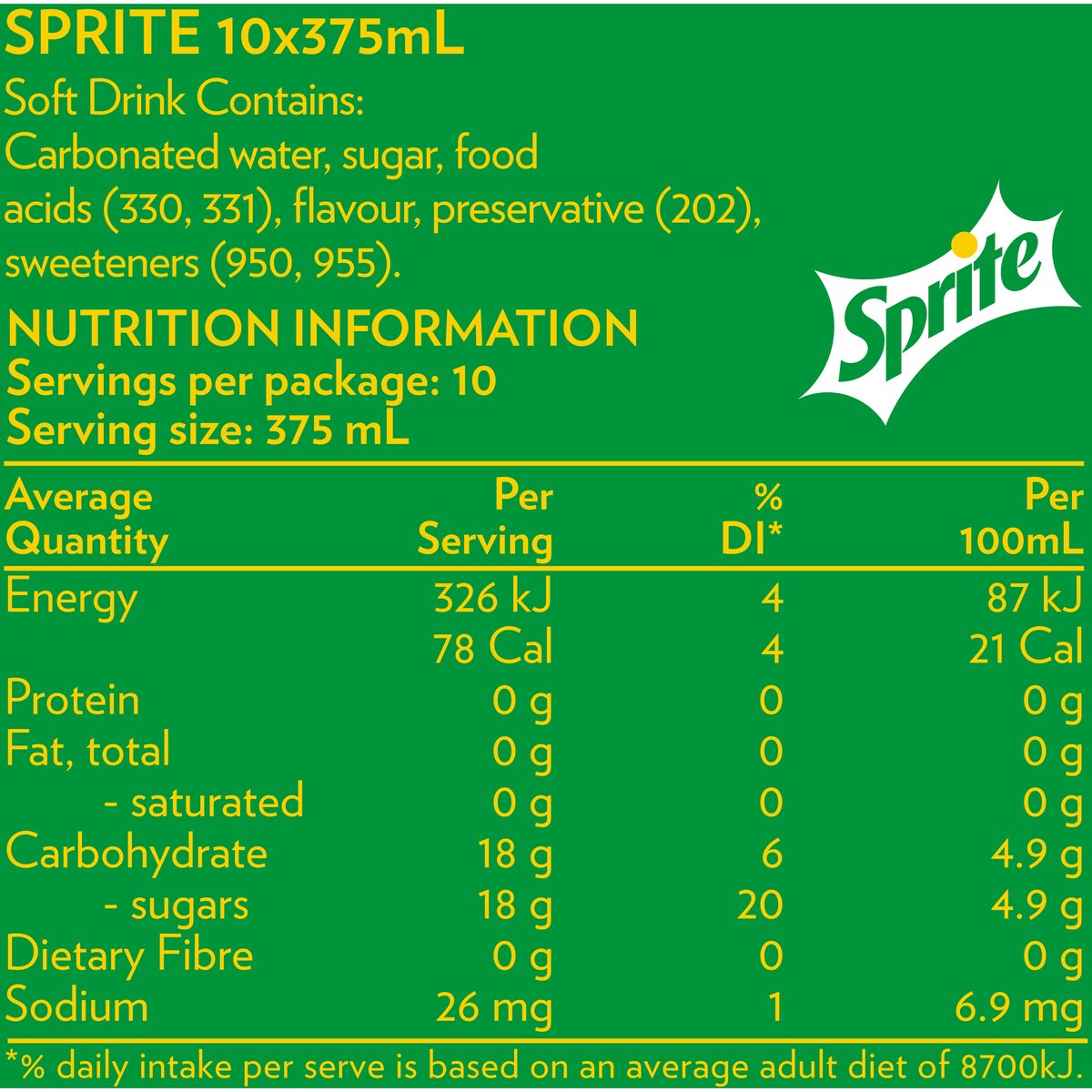 Sprite Lemonade Soft Drink Multipack Cans 375ml x10 Pack